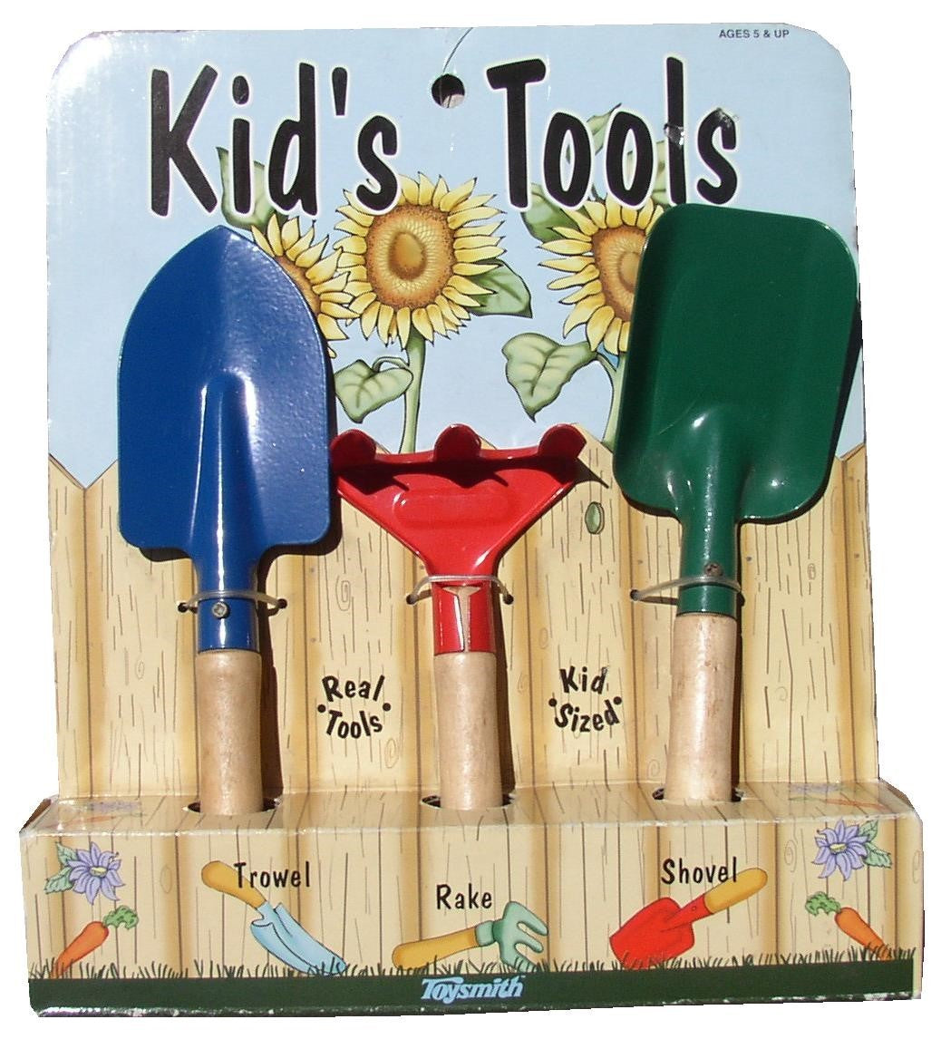 3pc Kids Gardening Tools Set including trowel, rake and shovel.  Get your children and grandkids into garden with these cool kids garden tools.