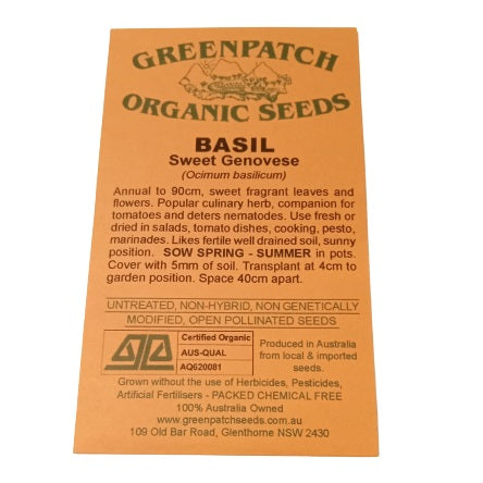 Basil Seed Packet Sweet Genovese Certified Organic Herb Seeds