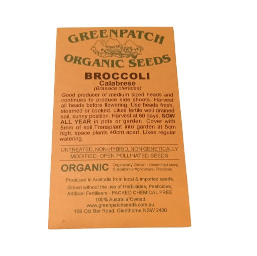 Certified Organic Calibrese Broccoli Seeds from Greenpatch Organic Seeds for your veggie garden. Shop heirloom and certified organic seeds for your vegetable garden for healthy eating.